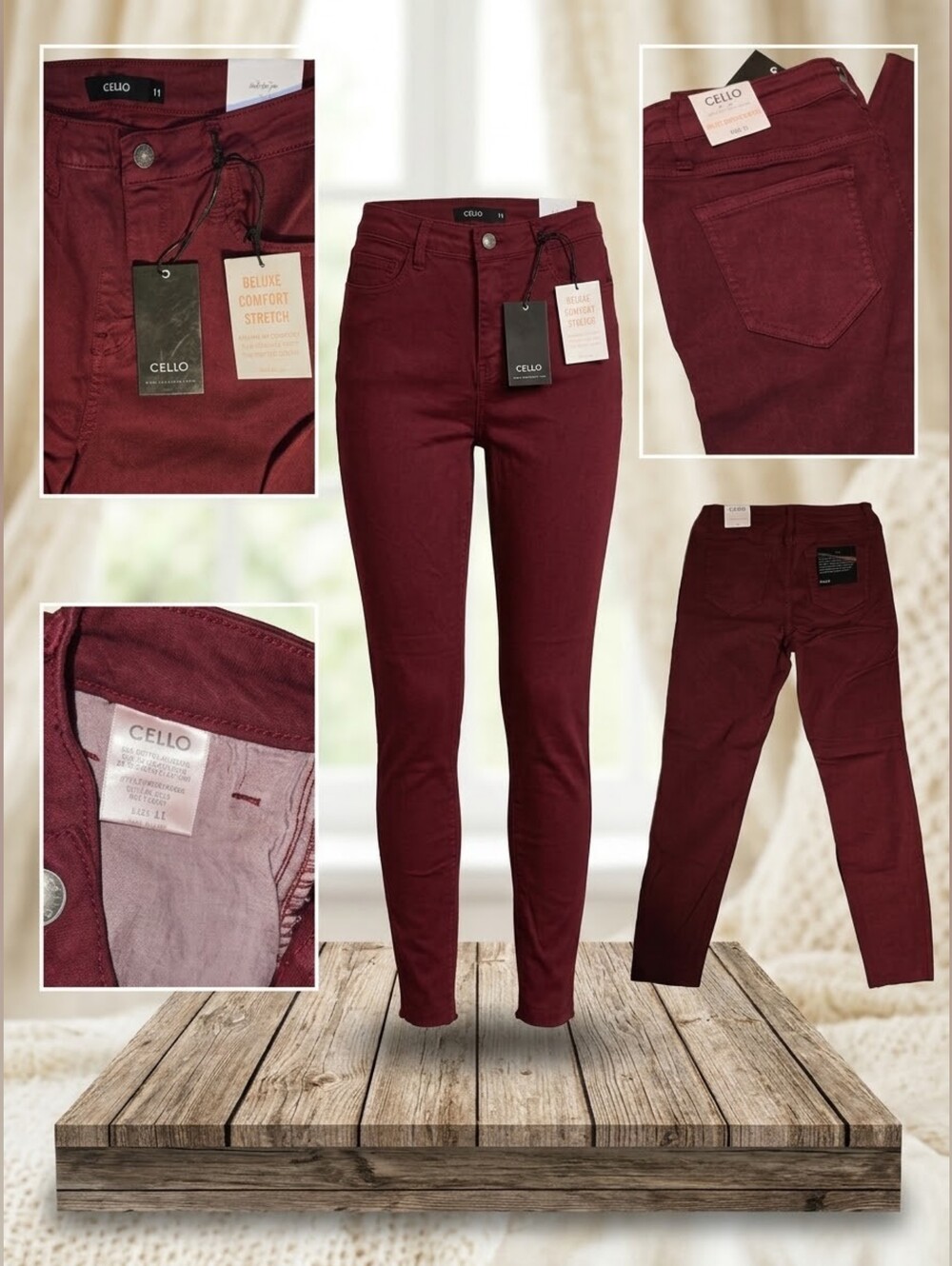 Cello Women's Burgundy Deluxe Comfort Stretch Skinny Jeans Size 11